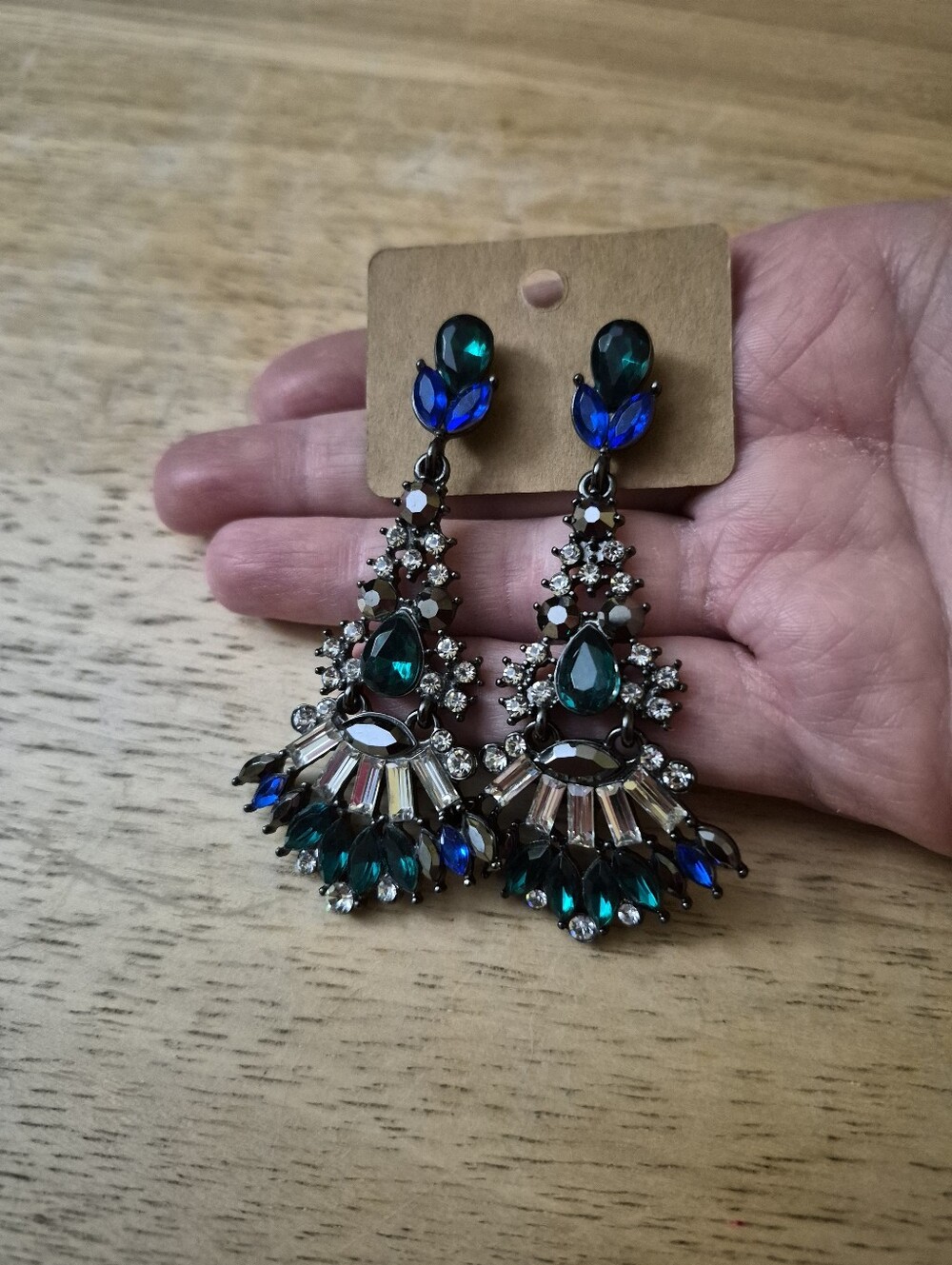 Vintage Style Green Blue Rhinestone Chandelier Statement Earrings